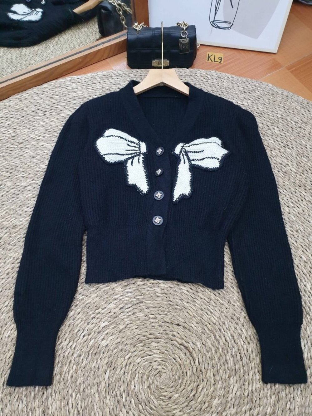 Black Ribbed Cardigan White Bow Applique V Neck Cropped Sweater
